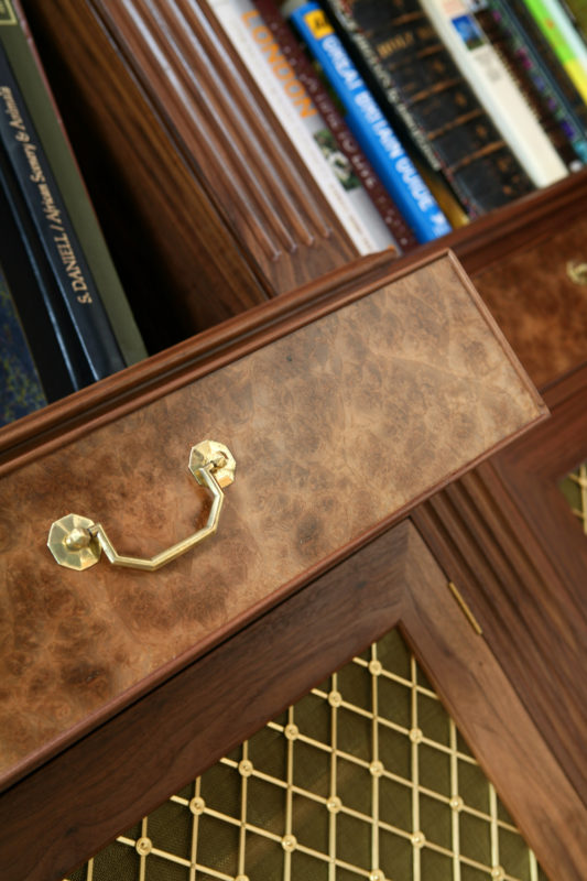 view of drawer in Dovetailors neo-classical library in walnut