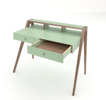 Formica and walnut freestanding desk showing open drawers lined in walnut and set onto soft-close runners.