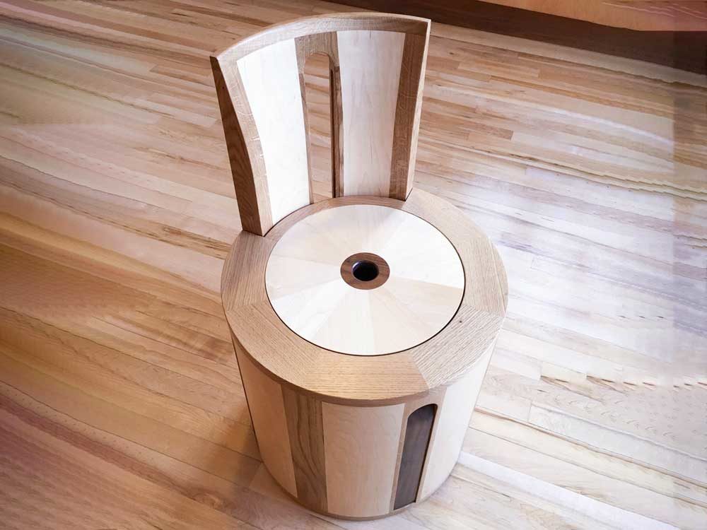 Box stool with sliding back in maple, oak and walnut