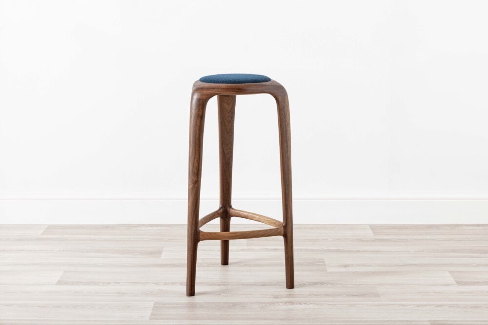 Blue Upholstered Contemporary Wood Bar Stool Walnut