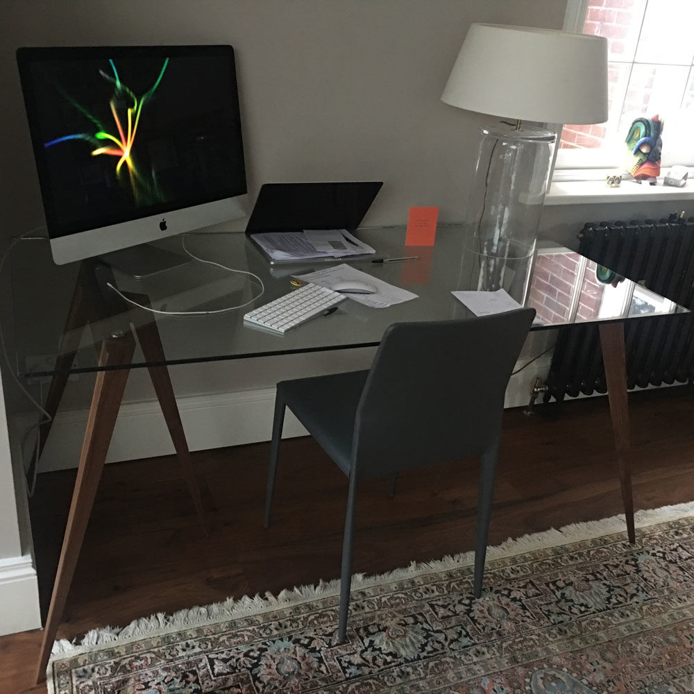glass top desk with wooden trestle legs